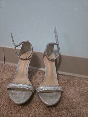 Aldo Sparkling Silver Ankle-Strap Heels